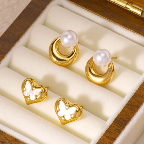 Pendientes De Acero Inoxidable Bañados En Oro De 18K Perla Artificial Aro Mariposa Corazón Concha Botón Joyería Elegante Para Mujer