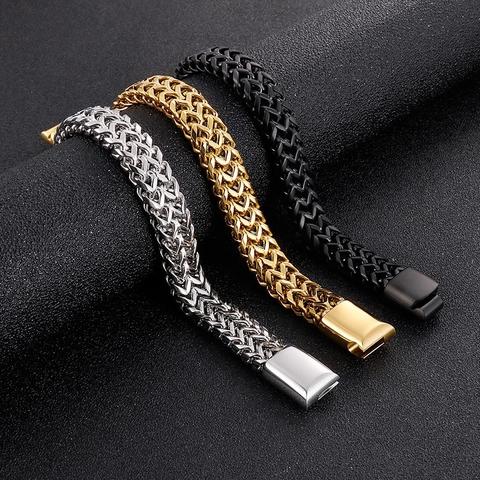 Men Chain Bracelet Stainless Steel Braided Double Row Franco Wheat Dragon Bone Trendy Punk Style With Magnetic Buckle
