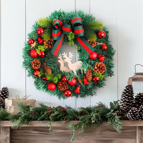 Artificial Christmas Wreath With Pine Needles Pine Cones Wood Reindeer And Red Balls Ribbon Bow Door Wall Hanging Decor