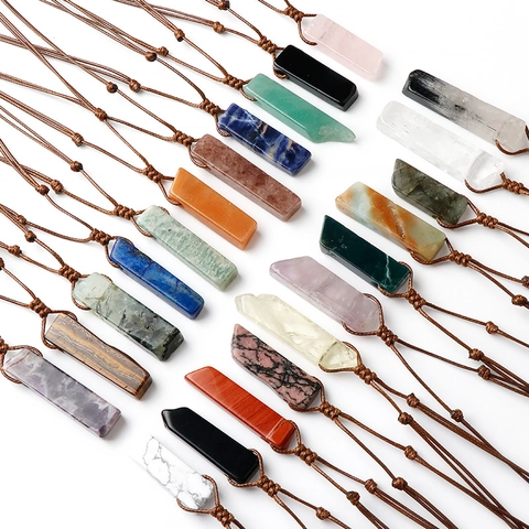 Natural Stone Pendant Necklace For Women Unisex Irregular Bar Healing Crystal Amethyst Tiger Eye Hand Woven Rope Jewelry Gift
