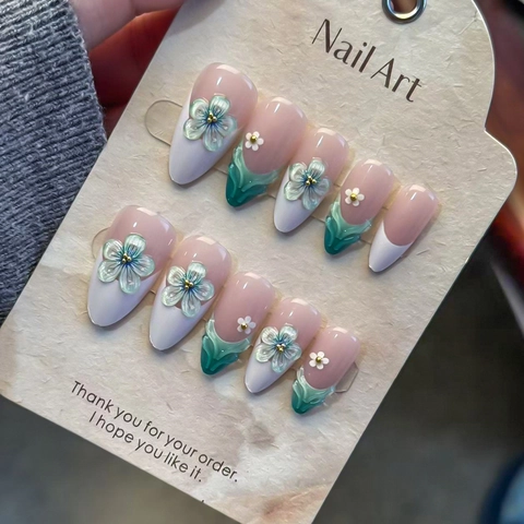 Almond Press On Nails 3D Relief Flower Gradient French Tip Elegant Artificial False Nail For Women