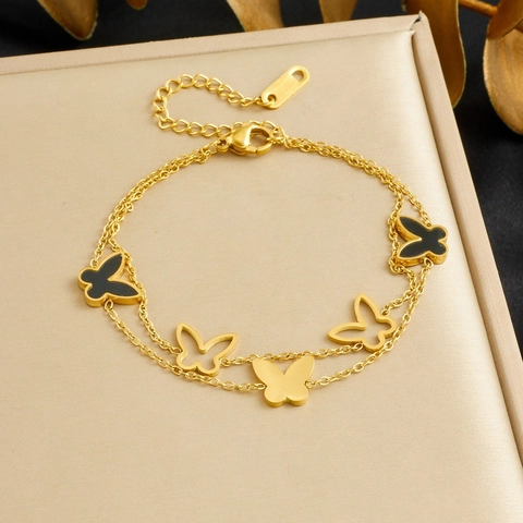 Double Layer Butterfly Charm Bracelet Stainless Steel Gold Plated Hollow Enamel Ins Style Jewelry For Women