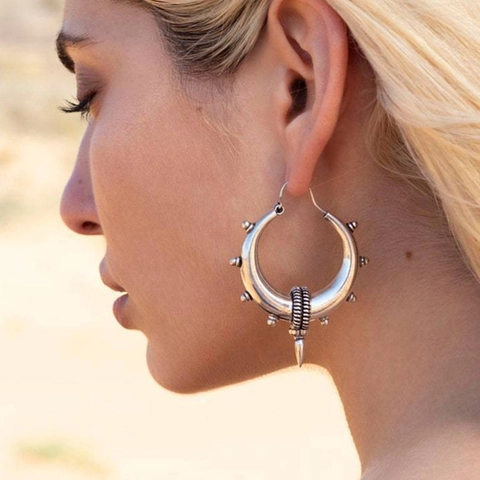 Vintage Bohemian Hoop Earrings Alloy Geometric Hollow Out Ethnic Gypsy Style Jewelry For Women