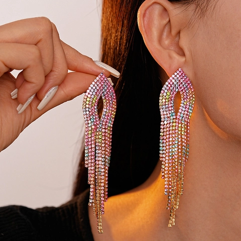 Bunte Strass Lange Quasten Ohrringe Mit 925 Sterling Silber Ohrstecker Kupfer Luxus Hänger Für Damen