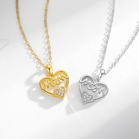 Collana con Pendente a Cuore in Argento Sterling 925 con Lettera MOM Doppio Cuore Traforato Strass Intarsiato Regalo Festa della Mamma Donna