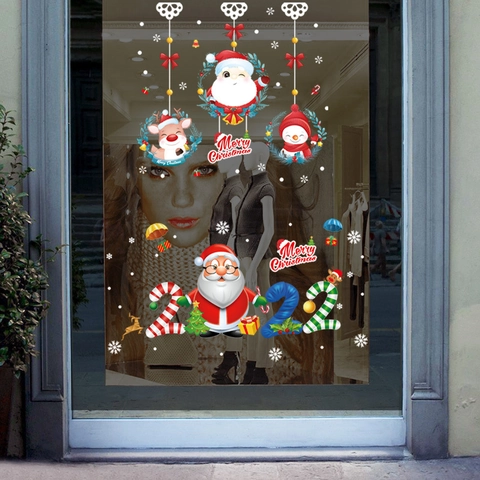 Weihnachts-Wandaufkleber PVC Wasserdicht Selbstklebend Weihnachtsmann Rentier Schneeflocken Fröhliche Weihnachten Fensteraufkleber