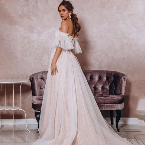 Robe De Mariée En Tulle À Pois Épaules Dénudées Manches À Volants Longue Épouse Élégante Style Vintage Romantique Femme