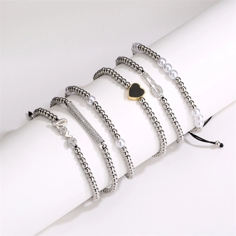 Kupfer Zirkon Gewebte Armbänder Mit Liebe Herz Sicherheitsnadel Künstliche Perlenimitat Verstellbare Geflochtene Kordel Mode Schmuck Damen