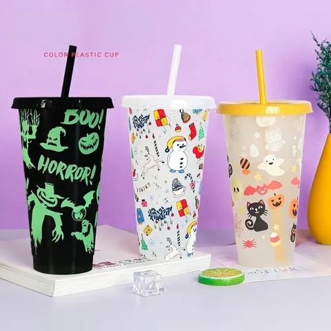 Color Changing Cup Reusable Cold Sensitive Plastic Tumbler With Lid And Straw Holiday Pattern Halloween Party Drinkware