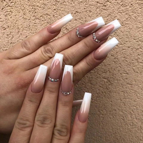 Long Coffin Press On Nails Ombre French Gradient White Nude With Rhinestones Ballerina Shape Artificial False Nails