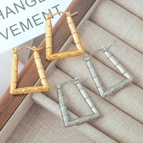 Geometric Trapezoid Hoop Earrings 18K Gold Plated Stainless Steel Bamboo Joint Texture Minimalist French Style Women