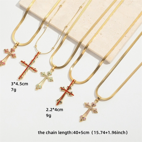 Collana con Ciondolo a Croce in Rame Oro Bohemien per Donna Zirconia Smalto Malocchio Catena a Serpente Gioielli