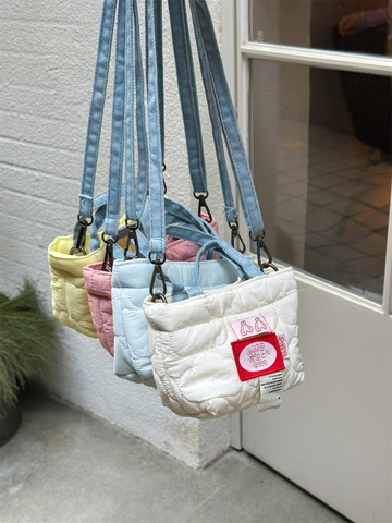 Mini Crossbody Bag Women Quilted Heart Pattern Polyester With Denim Straps Small Handbag Kawaii Fresh Streetwear Style
