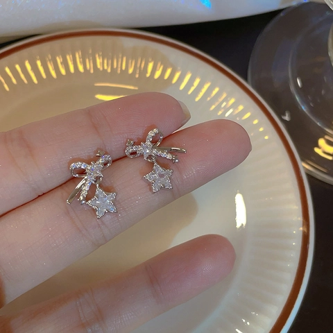 Orecchini A Lobo Fiocco Stella Zircone Incastonato Gioielli In Rame Con Perno In Argento Per Donne Elegante Versatile
