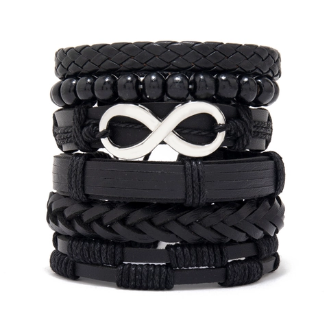 Bracciale in Pelle Intrecciata Multistrato da Uomo Stile Vintage Punk Lega Croce Teschio Infinito Ciondoli Cinturino Avvolgente Regolabile Gioielli