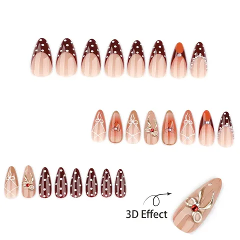 French Almond Press On Nails Long 3D Metal Bows Artificial Pearl Polka Dot Coffee Brown Artificial Fingernails Elegant