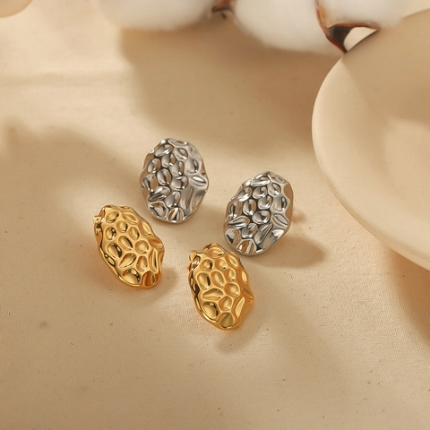 Irregular Oval Hammered Texture Stud Earrings 304 Stainless Steel 18K Gold Plated Minimalist French Style For Women