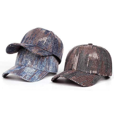 Cappello Da Baseball Con Paillettes Alla Moda Cotone Denim Lavato Fibbia Regolabile Righe Verticali Lucide Berretto Di Tendenza