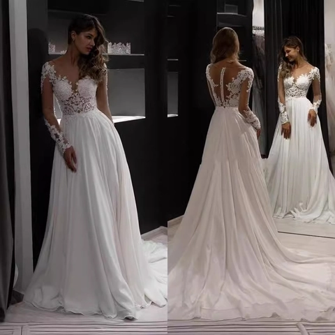 Lace And Polyester Wedding Dress Long Sleeve Backless U-Neck A-Line Bridal Gown Ivory White Cathedral Train