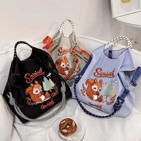 Nylon Tote Bag Embroidery Animal Floral Drawstring Large Capacity Shoulder Shopping Handbag Casual Women Novelty