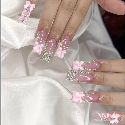 Uñas Postizas Largas De Ataúd Rosas Punta Francesa Con Lazo 3D Y Diamantes De Imitación Estilo Y2K Dulce Mujer