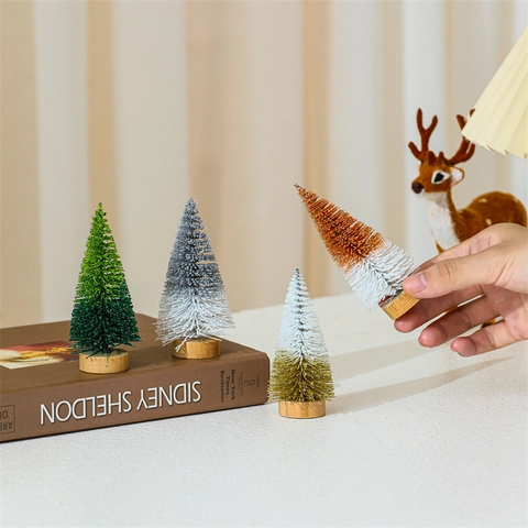 Mini Ornement D'Arbre De Noël Avec Base En Bois Sisal Plastique Paillettes Dégradé Neige Flocage Décoration Table Style Nordique