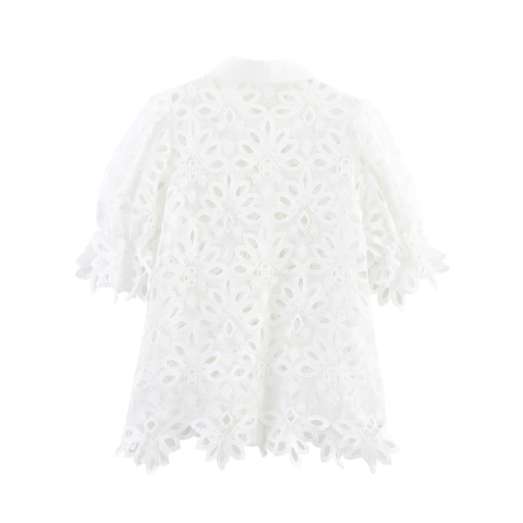 Blusa De Encaje Para Mujer Manga Corta Bordado Calado Cuello Solapa Camisa Con Botones Dobladillo Irregular Top Blanco Elegante