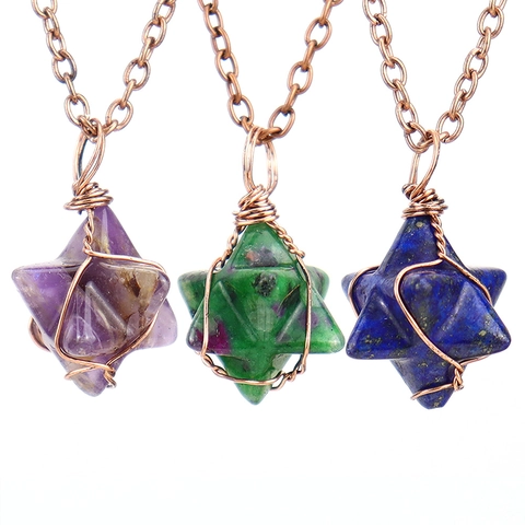 Vintage Handgewebter Naturstein Merkaba Stern Anhänger Halskette Für Damen Böhmisch Hexagramm Kristall Achat Stein Schmuck Geschenk