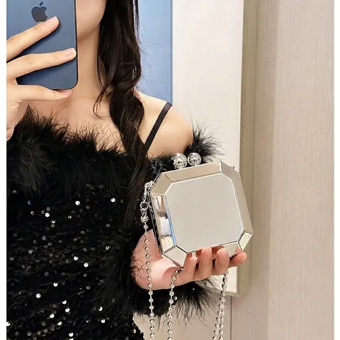 Octagonal Mirror Finish Acrylic Evening Clutch Bag Crossbody Chain Strap Hard Shell Banquet Party Fashion Women