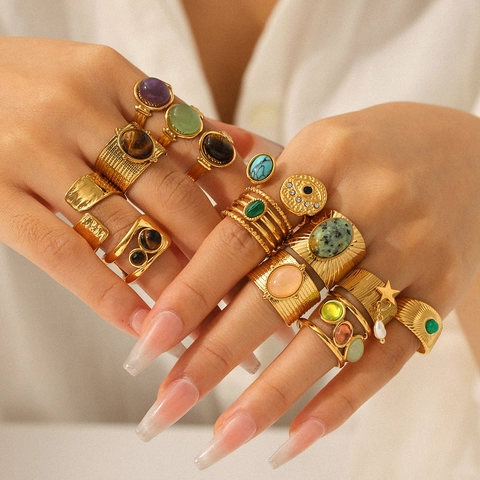 Vintage Adjustable Open Ring Stainless Steel Natural Stone Tiger Eye Turquoise French Retro Bohemian Jewelry For Women