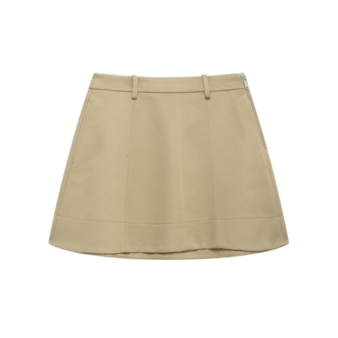 Women A-Line Mini Skirt Vintage American Retro Style Khaki Solid Color Polyester Woven Side Zipper High Waist