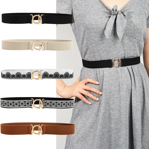 Women Elastic Waist Belt Interlocking Gold Metal Buckle Thin Stretch Corset Cinch For Dresses Coats Decor