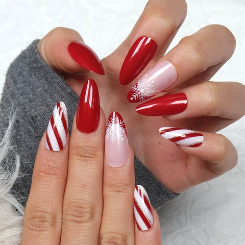 Uñas Postizas De Navidad Larga Forma Almendra Copos De Nieve Rayas De Caramelo Rojo Blanco Extraíbles Brillantes Para Invierno