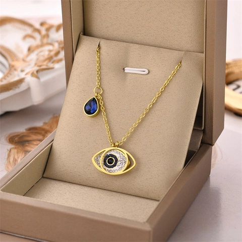 Collana Con Pendente Evil Eye in Acciaio Al Titanio Da Donna Goccia D'Acqua Blu Strass Intarsiato Catena Da Clavicola Gioielli Regalo
