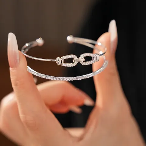 Doppellagiger Offener Armreif Silberfarben Mit Zirkonia Kettenmuster Modeschmuck Für Damen Elegant Modern
