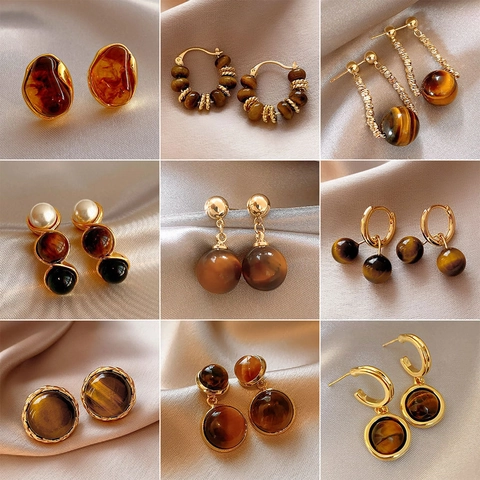 Vintage Tijgeroog Steen Oorknopjes Met 925 Sterling Zilver Stift Geometrisch Verguld Maillard Stijl Elegante Sieraden Voor Vrouwen
