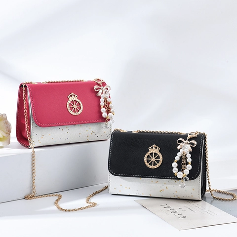 Women Sweet Crossbody Bag PU Leather Glitter Star Crown Flap Small Square Bag With Metal Chain And Artificial Pearl Pendant