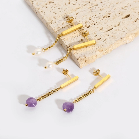 Pendientes Largos Colgantes De Acero Inoxidable Chapados En Oro Con Perla De Agua Dulce Y Piedra Natural