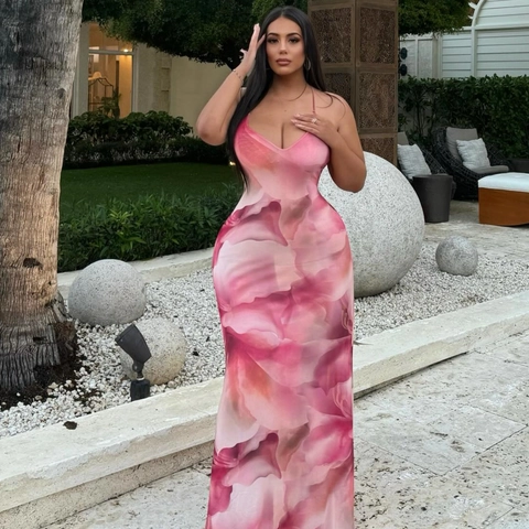 Maxi Dress Polyester Spandex Floral Print Backless Spaghetti Straps Bodycon Summer Party Sexy Long Dress