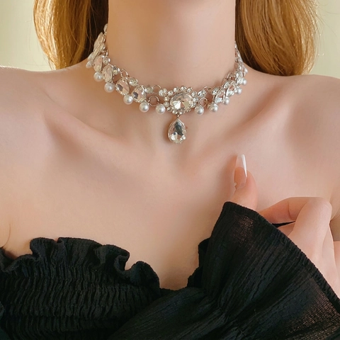 Collana Girocollo A Fiori Donna Lega Argento Strass Imitazione Perla Artificial Elegante Pendente A Goccia Gioielli Vintage Lusso