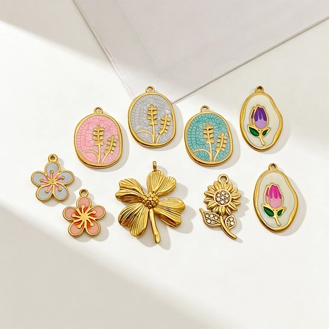 Blumen Pflanzen Anhänger Edelstahl Vergoldet Emaille Tropföl Für DIY Schmuckherstellung Halsketten Armbänder Elegant
