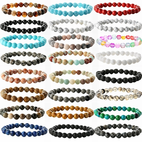 Set 6 Bracciali In Pietre Naturali 8mm – Bracciali Elastici Per Uomo E Donna, Regalo Confezionato
