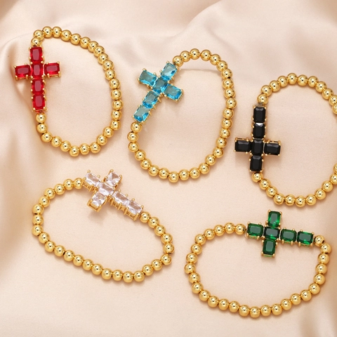 Copper Gold Plated Beaded Bracelet With Colorful Zircon Cross Pendant Religious Elastic Fashion Jewelry For Women