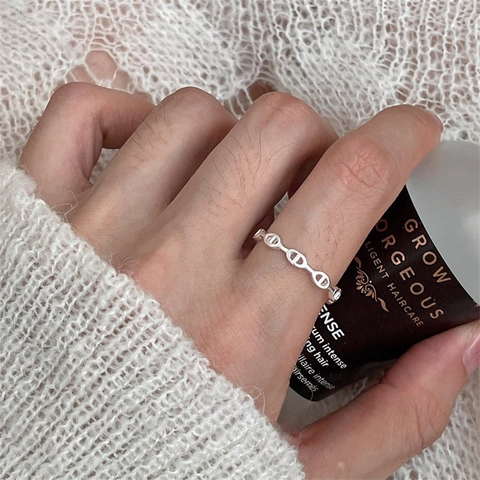 925 Sterling Silver Pig Nose Adjustable Open Ring For Women Minimalist Personalized Hollow Anchor Chain Finger Jewelry