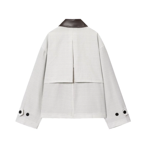 Women Short Plaid Jacket With Faux Leather Collar Patchwork Long Sleeve Zip Up Casual Outerwear Windbreaker