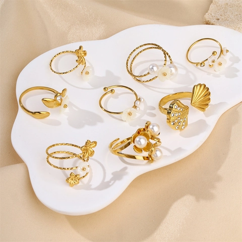 Open Rings For Women 18K Gold Plated Stainless Steel Shell Flower Imitation Artificial Pearl Rhinestone Adjustable Niche Elegant