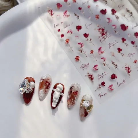 5D Selbstklebende Nagelsticker Dünne Aquarell Rose Blume Vintage Transparente Aufkleber Für Frauen DIY Maniküre