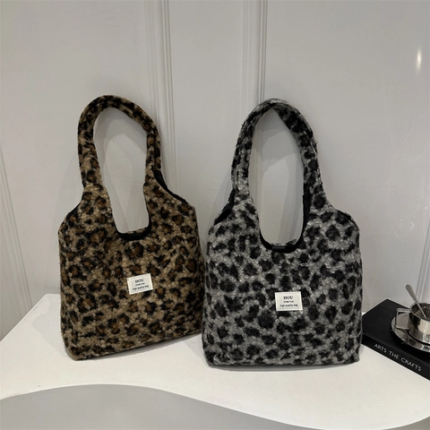 Borsa Tote In Peluche Con Stampa Leopardata Borsa A Spalla In Pelliccia Sintetica Grande Capacità Inverno Caldo Morbido Donne