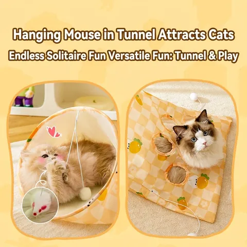 Foldable Cat Tunnel Toy Polyester Crinkle Paper Drill Bag Interactive Hanging Plush Balls Mouse Cartoon Print Indoor Kittens