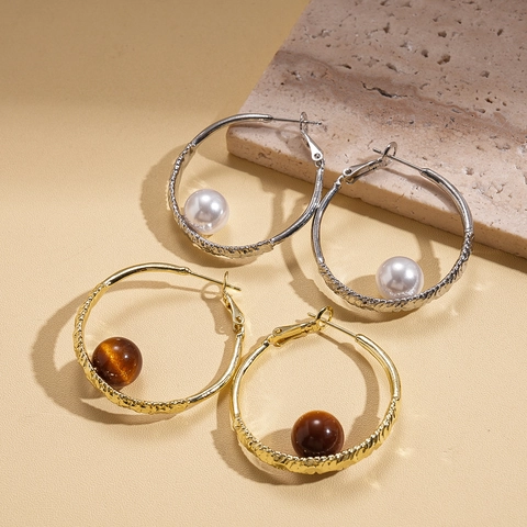 Geometrische Ronde Hoop Oorbellen Met Imitatie Kunstparel Hars Kraal En Zilveren Oorsteker Retro Mode Sieraden Voor Dames